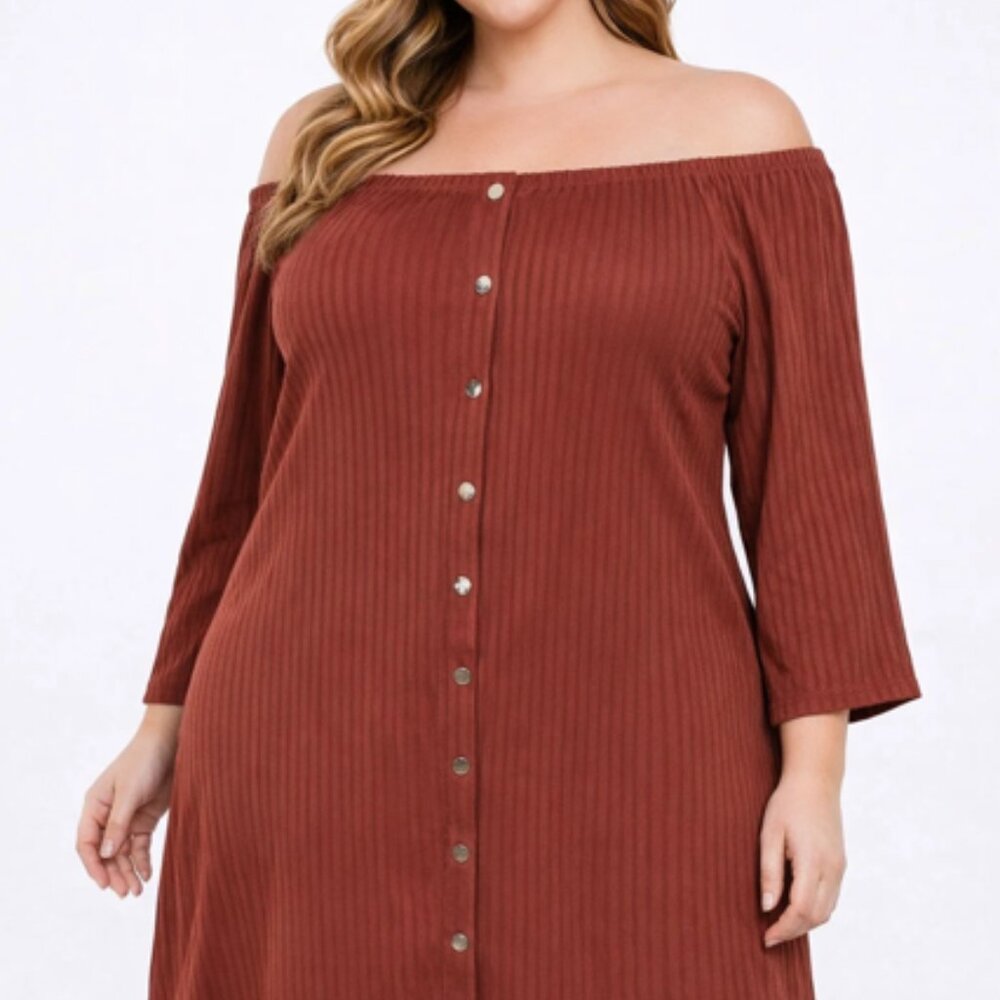 Off Shoulder 2X Ribbed Dress Rust Silver Button Accented by LU❤ NYC